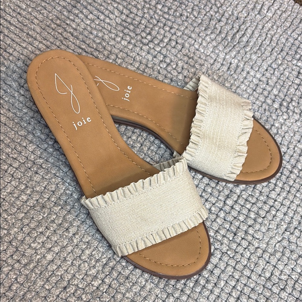 Joie Cream and Brown Slide Sandals with Woven Strap